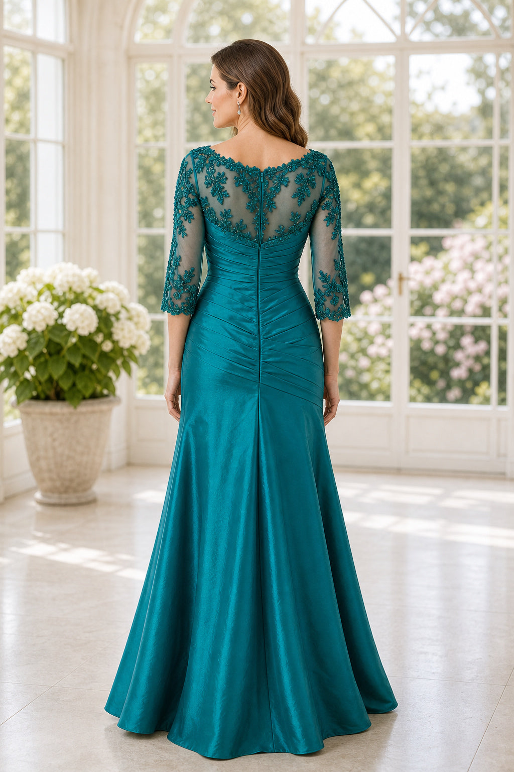 Teal Sweetheart Three-Quarter Sleeve Mermaid Chiffon Floor-Length Dress With Lace Bodice