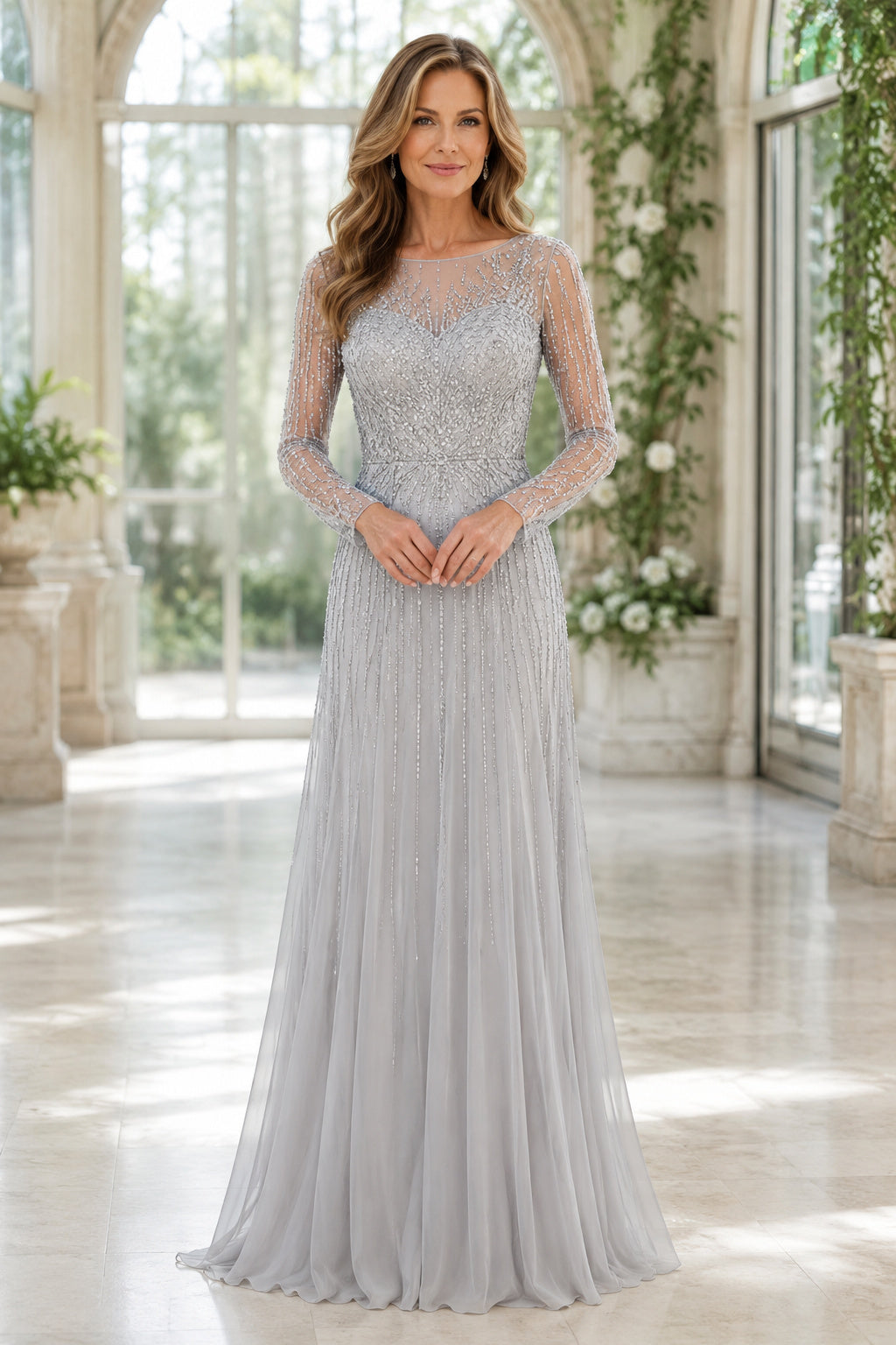Silver Long Sleeve Chiffon A-Line Mother Dress with Beaded Illusion Bodice front view