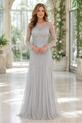 Silver Long Sleeve Chiffon A-Line Mother Dress with Beaded Illusion Bodice front view