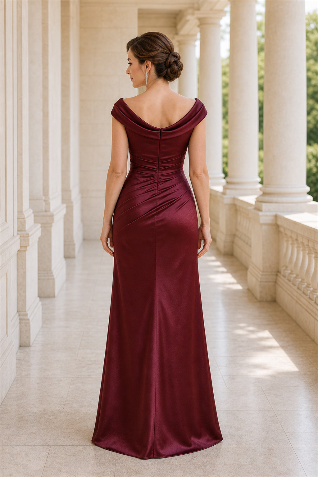 Burgundy Cowl Neck Sleeveless Sheath Satin Floor-Length Dress With Draped Bodice