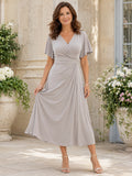 Taupe Casual Tea-Length A-Line Mother of the Bride Jersey Wrap Dress with V-Neck Short Sleeves and Gathered Waist front view