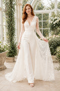 White Long Sleeve Lace Bridal Jumpsuit with Overskirt Train front view