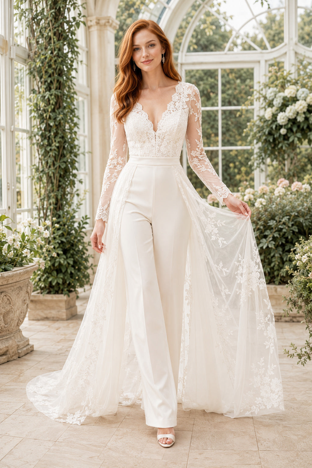 White Long Sleeve Lace Bridal Jumpsuit with Overskirt Train front view