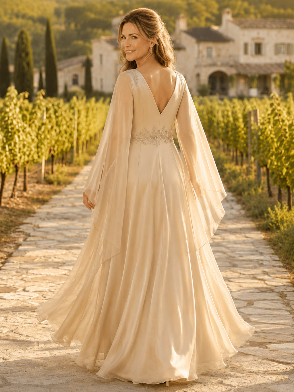 Gold Luxury Cowl-Neck Satin-Chiffon A-Line Floor-Length Mother of the Bride Gown with Long Cape and Beaded Waist back view
