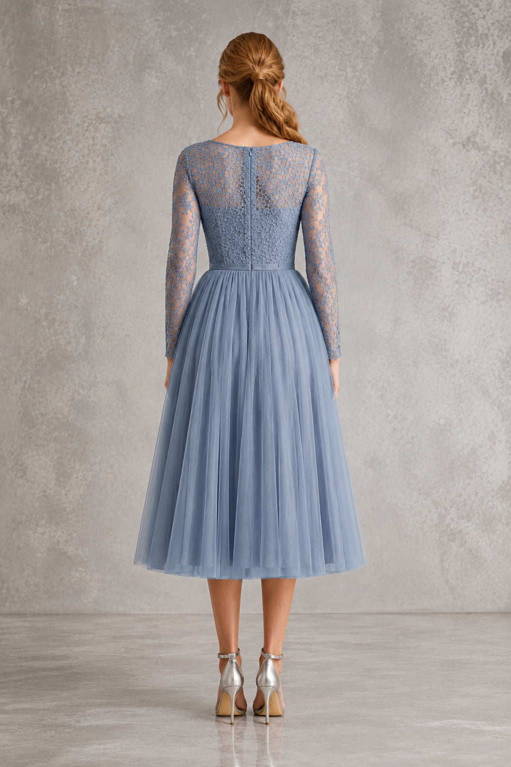 Slate Blue Long Sleeve Illusion Lace Bodice with Tea Length Skirt Tea Length A-Line Mother Dress back view