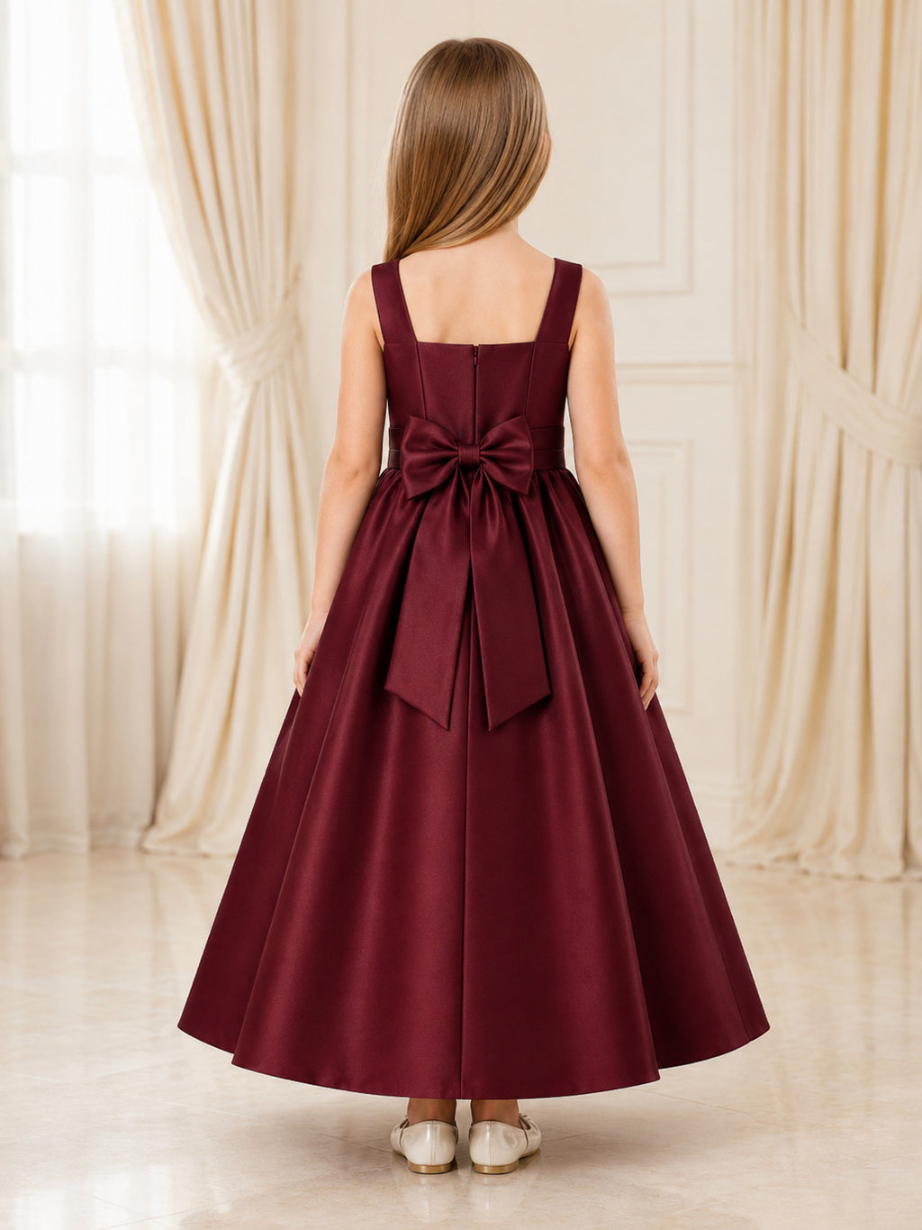 Burgundy Bow Back Satin A-Line Flower Girl Dress with Square Neck, Sleeveless, and Tea-length Skirt back view