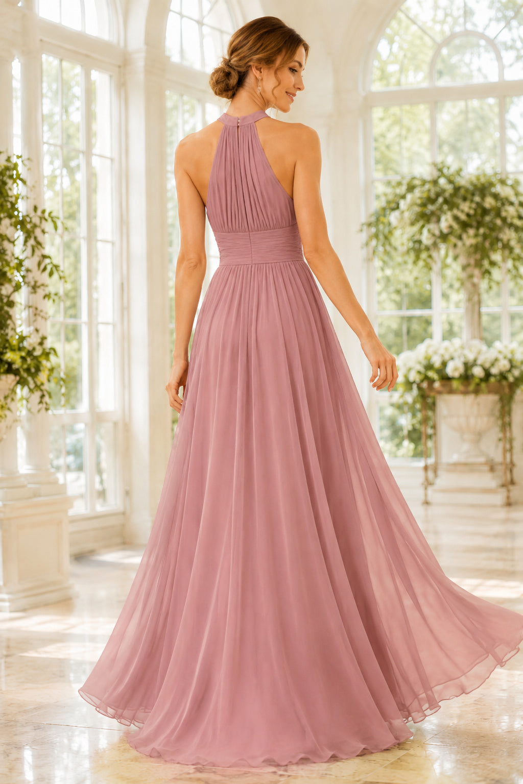 Dusty Rose Halter Chiffon A-Line Bridesmaid Dress with Pleated Bodice back view