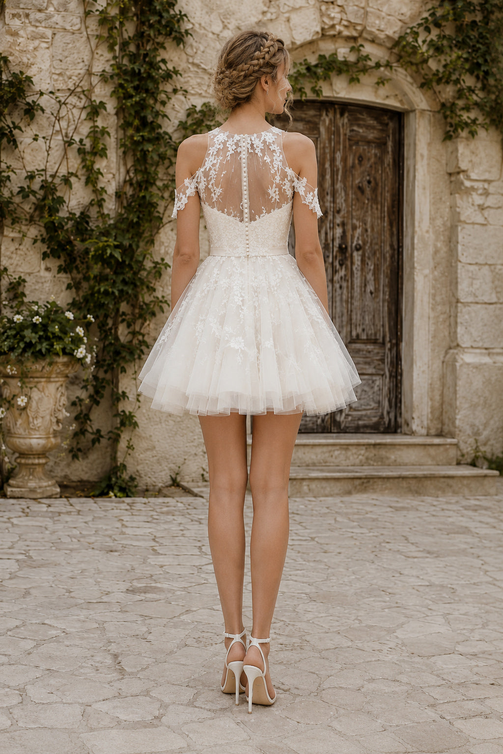 Ivory High Neck Illusion Tulle Mini Wedding Dress with Lace Appliques and Open Back back view