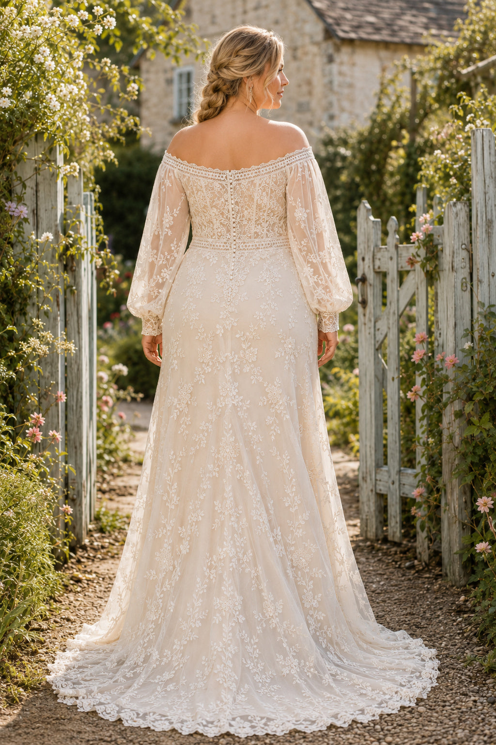 Plus Size Off-the-Shoulder Long Sleeve Lace Mermaid Wedding Dress back view