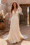 Ivory V-Neck Long Sleeve Lace Mermaid Wedding Dress with Illusion Back and Train front view