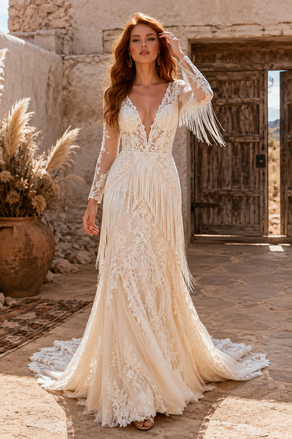 Ivory V-Neck Long Sleeve Lace Mermaid Wedding Dress with Illusion Back and Train front view