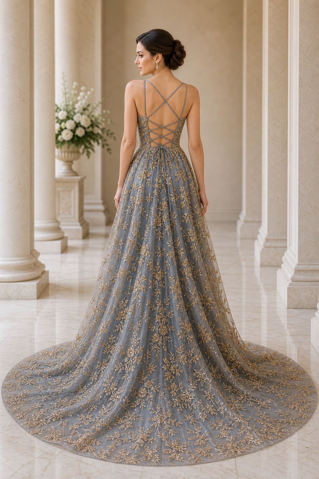 Gray V-neck Spaghetti Strap Ball Gown Tulle Floor-Length Dress With Gold Lace Appliques