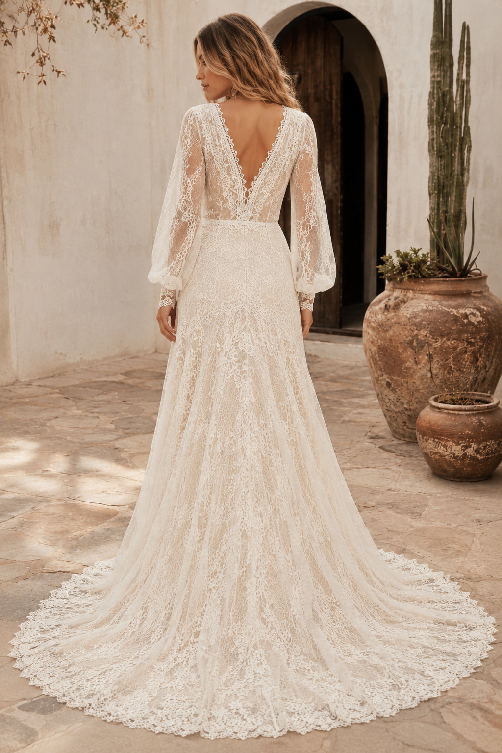Ivory V-Neck Bishop Sleeve Lace A-Line Wedding Dress with Low-V Back and Train Style MG_701527 back view