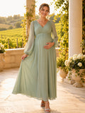 Sage V Neck Long Poet Sleeve Chiffon Empire Ankle Maternity Guest Dress front view