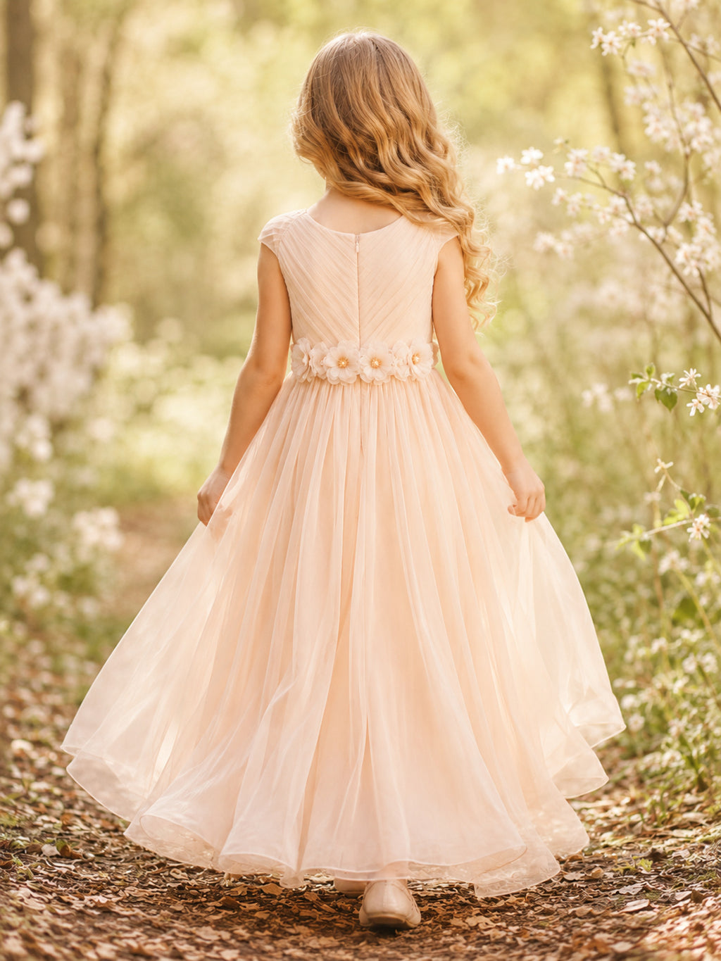 Flower Girl Dress Petal Chiffon A-Line V neck Tea length Pleated back view