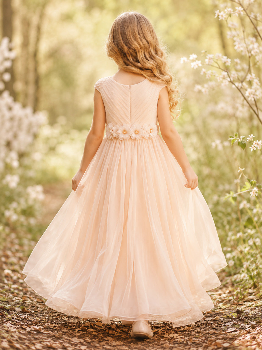 Flower Girl Dress Petal Chiffon A-Line V neck Tea length Pleated back view