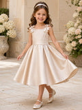 Champagne Satin Spaghetti Tea-Length A-Line Flower Girl Garden Wedding Dress With Bow front view