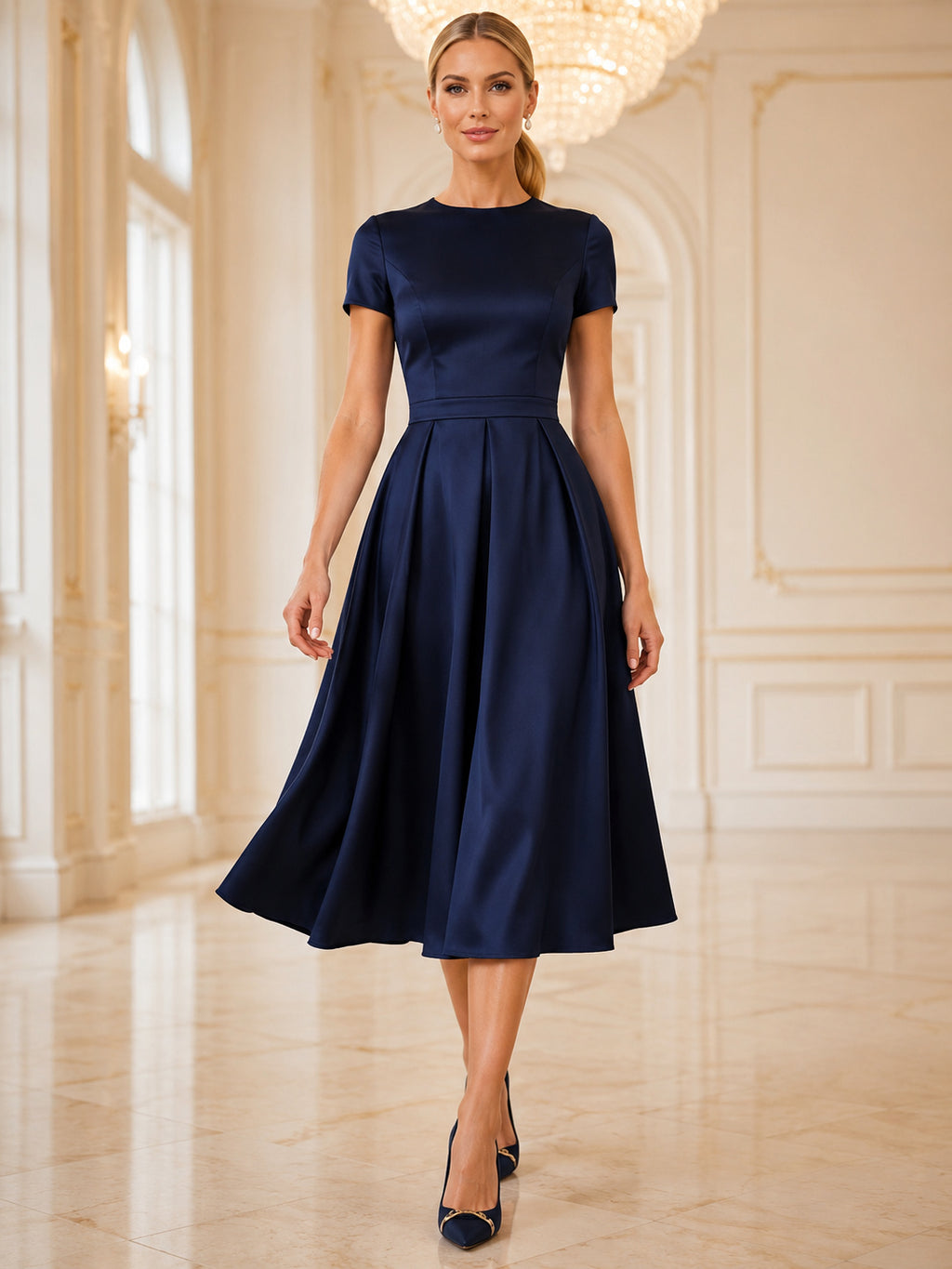 Dark Navy Short Sleeve Bateau A Line Ballroom Midi Dress front view