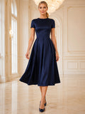 Dark Navy Short Sleeve Bateau A Line Ballroom Midi Dress front view