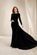 Black Long Sleeve Velvet Mermaid Evening Dress with Train front view