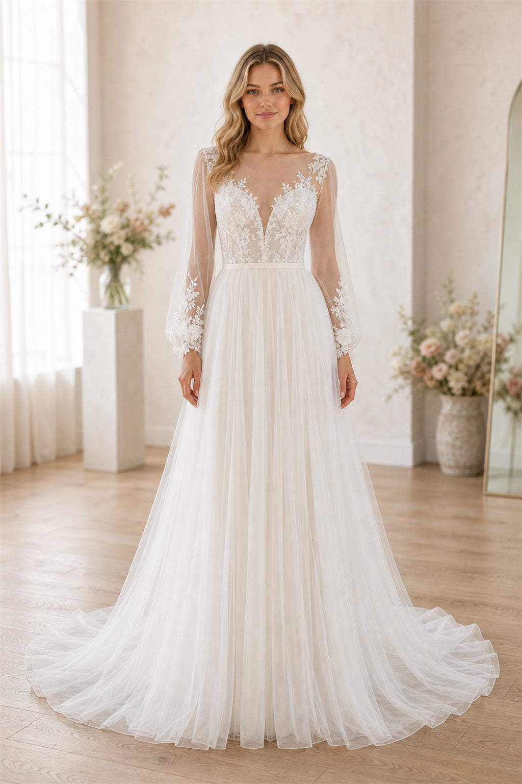 White Illusion Long Sleeves A-Line Tulle, Lace Floor-length Wedding Dress With Lace and Train