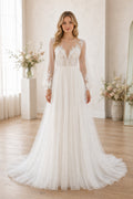 White Illusion Long Sleeves A-Line Tulle, Lace Floor-length Wedding Dress With Lace and Train