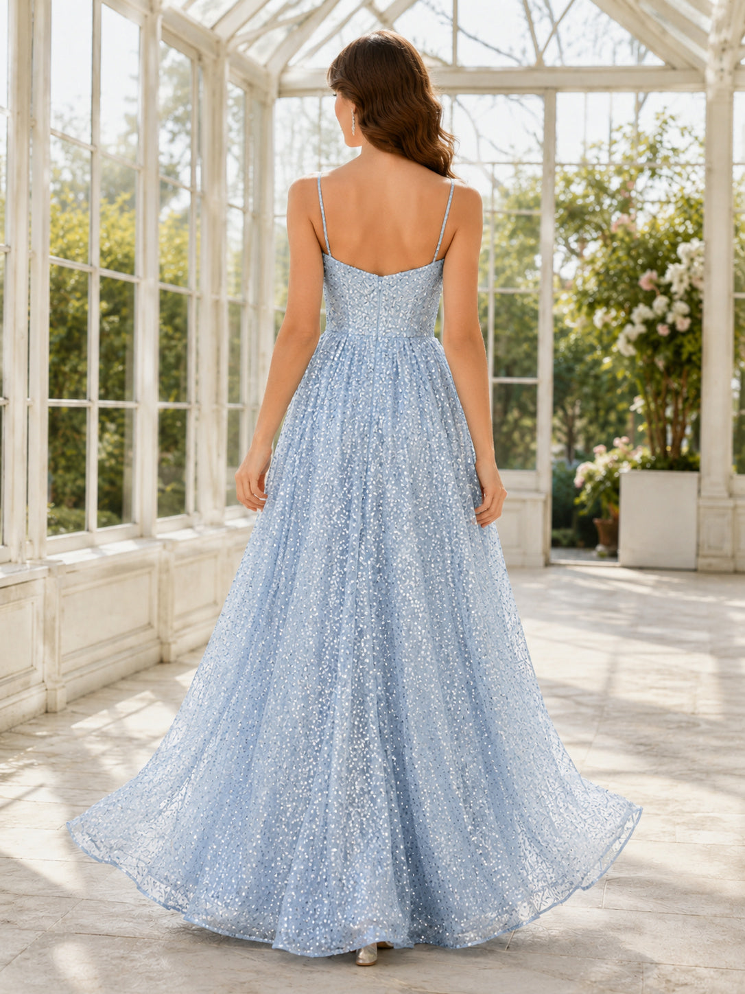 Sky Blue Off Shoulder Sequin A-Line Dress back view