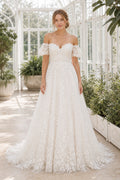 White V-neck Flutter Sleeves Mermaid Crepe, Lace Floor-length Wedding Dress With Lace and Beaded Bodice and Open Back