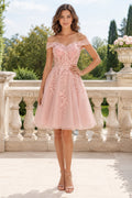 Blushing Pink Off Shoulder Tulle A-Line Knee Length Dress with Lace Applique front view