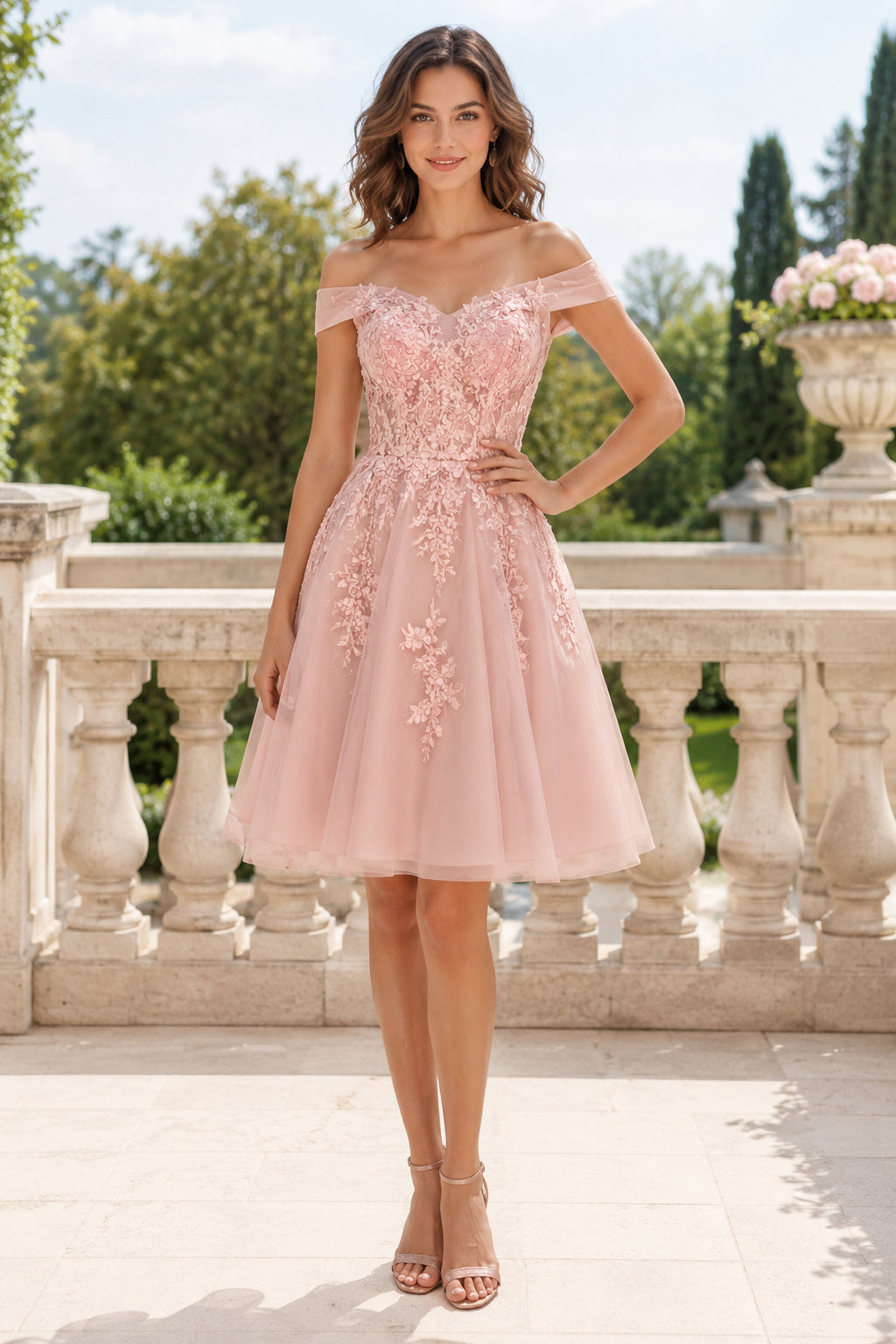 Blushing Pink Off Shoulder Tulle A-Line Knee Length Dress with Lace Applique front view