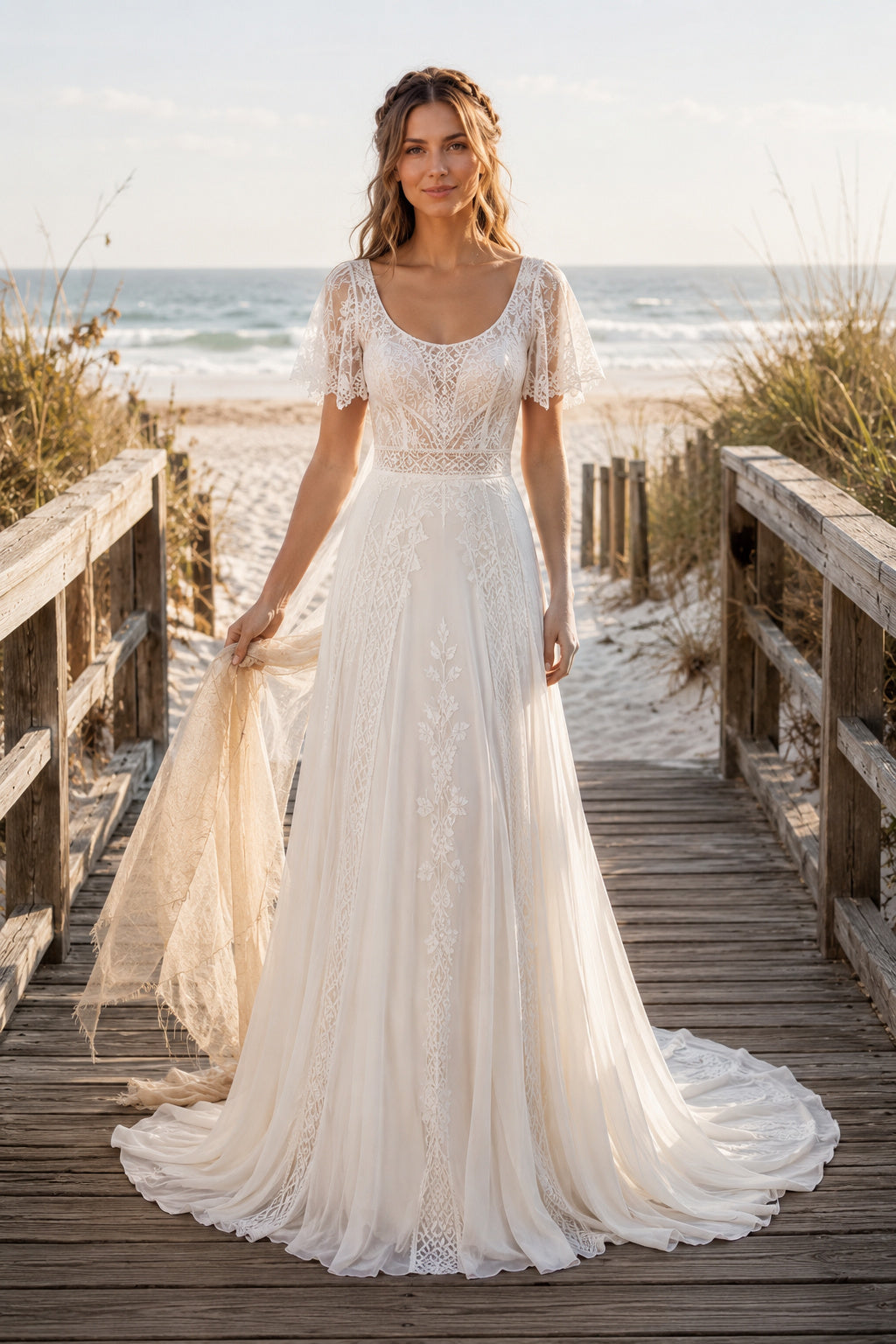 Ivory Scoop Neck Short Sleeve Tulle A-Line Wedding Dress Train for Bridal Ceremony and Reception front view