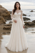 Ivory Bateau Long Sleeve Lace Tulle A-Line Wedding Dress Illusion Back for Bridal Ceremony and Reception front view