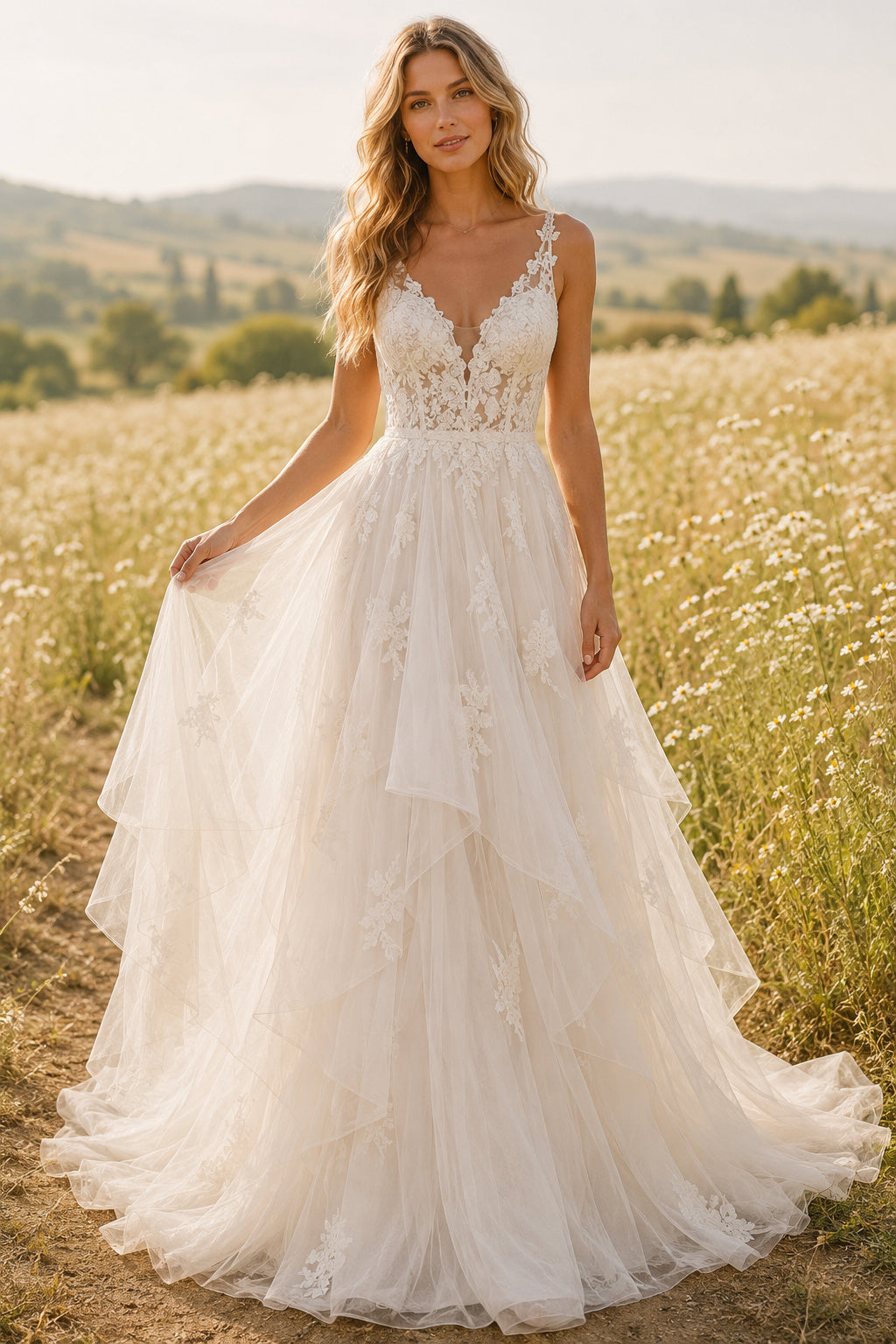 Ivory Plunging V-Neck Tiered Tulle A-Line Wedding Dress with Lace Bodice front view