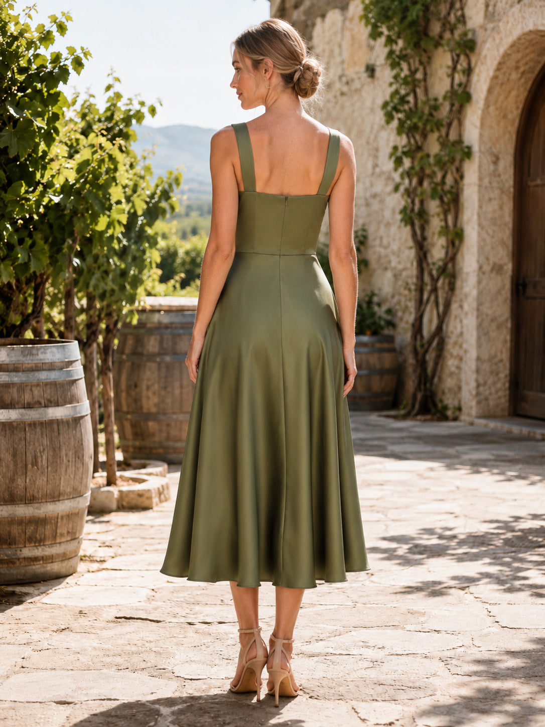 Olive square neck satin tea length A-line bridesmaid dress back view