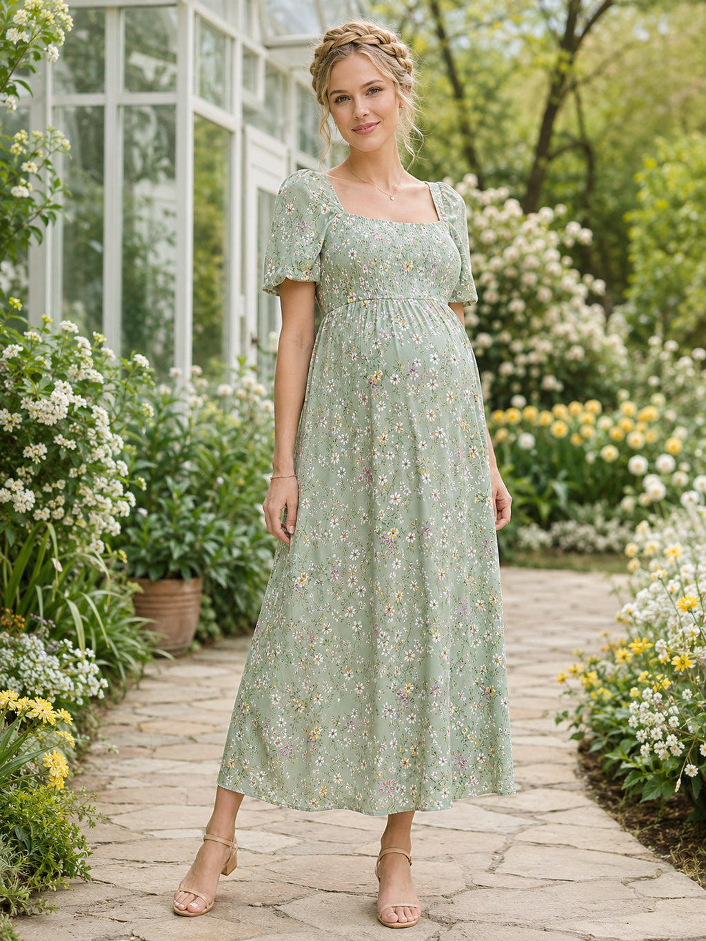 Sage Floral Square Neck Petite Maternity Midi Dress front view