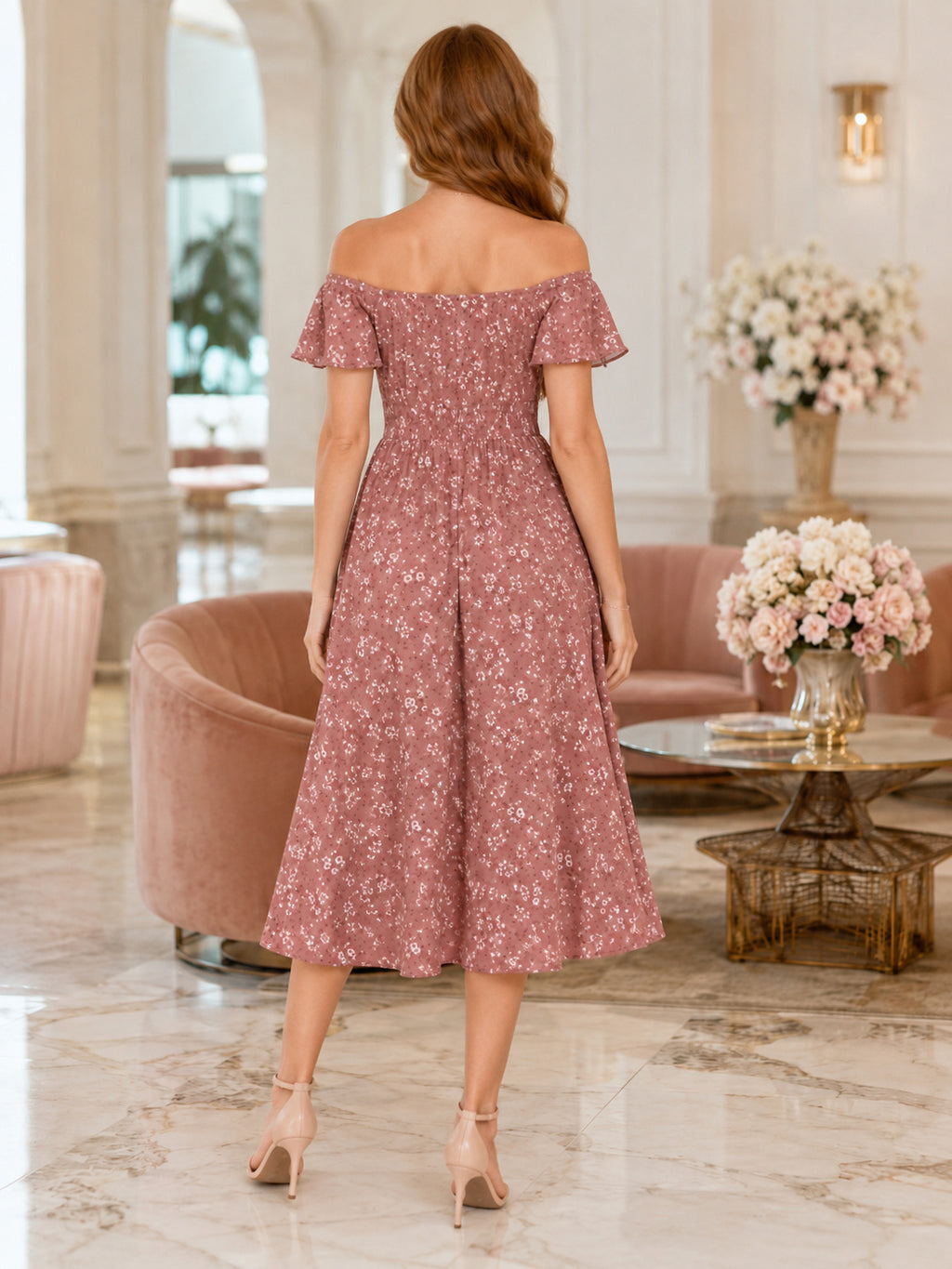 Dusty Rose Floral Off Shoulder A Line Tea Length Party Dress back view