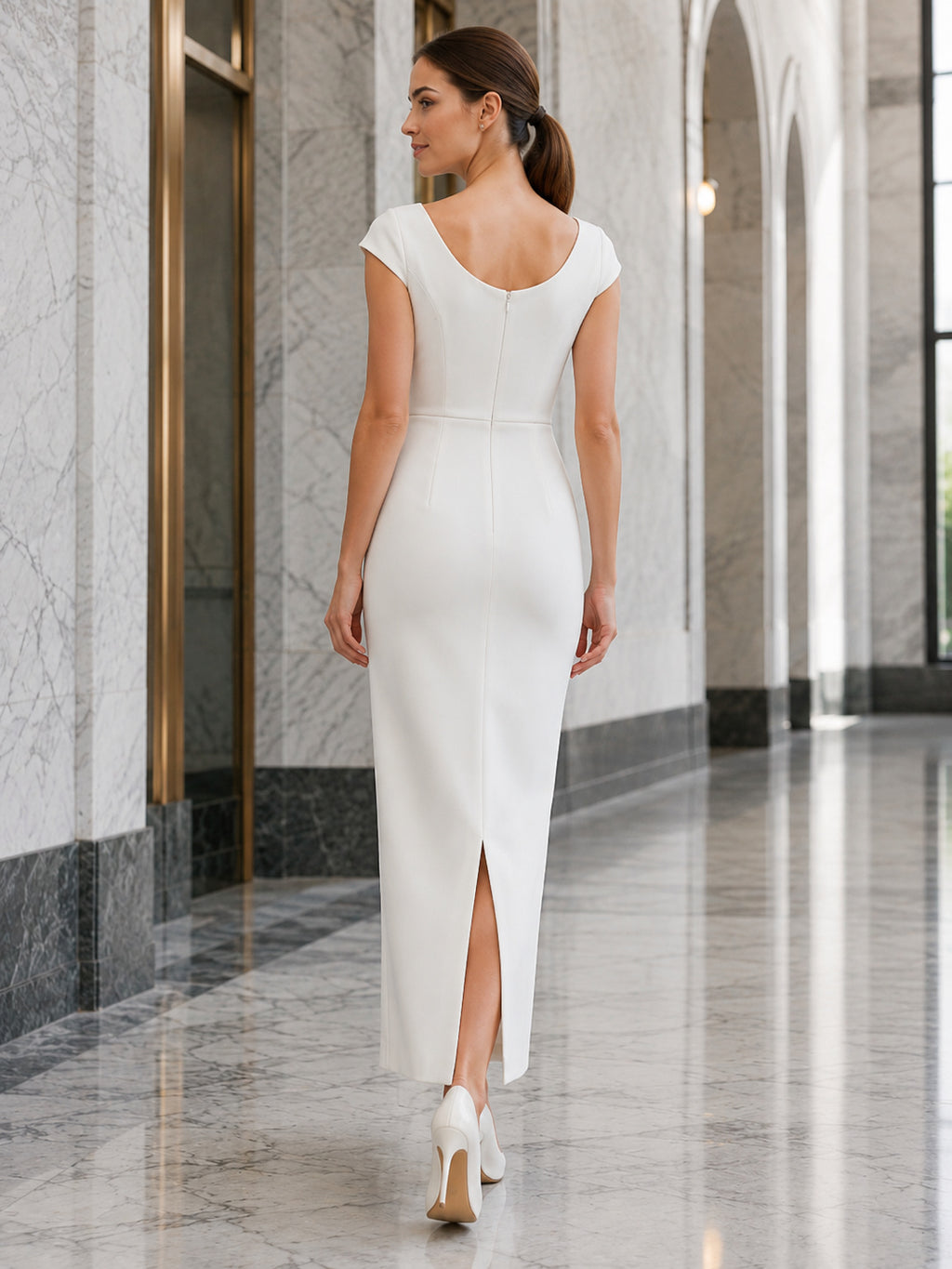 Courthouse Wedding Minimalist Bateau Neck Cap Sleeve Column Floor Length Dress back view