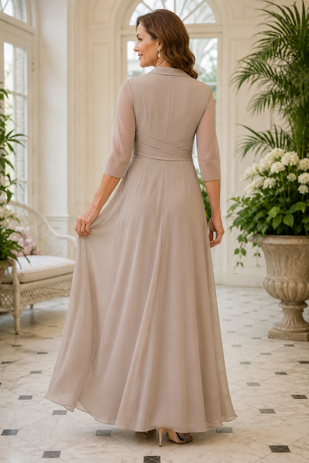 Taupe V-Neck A-Line Mother Dress with Illusion Sleeves and Draped Chiffon Skirt back view
