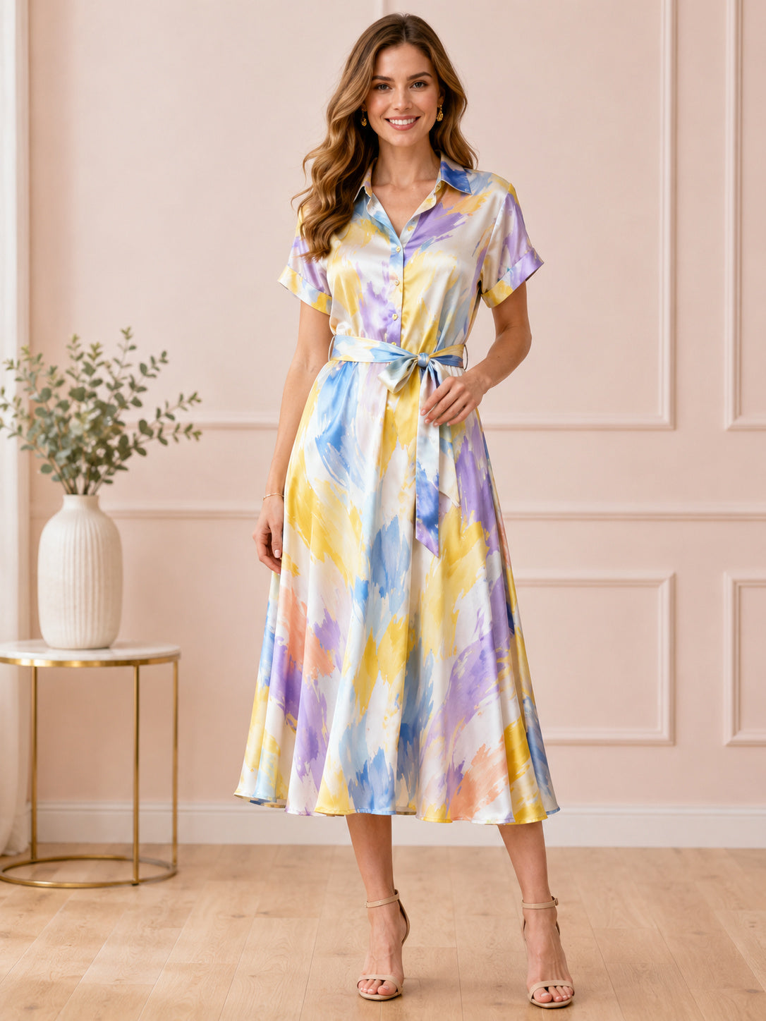 Yellow Brushstroke Shirt Collar Belted Satin Midi Guest Dress front view