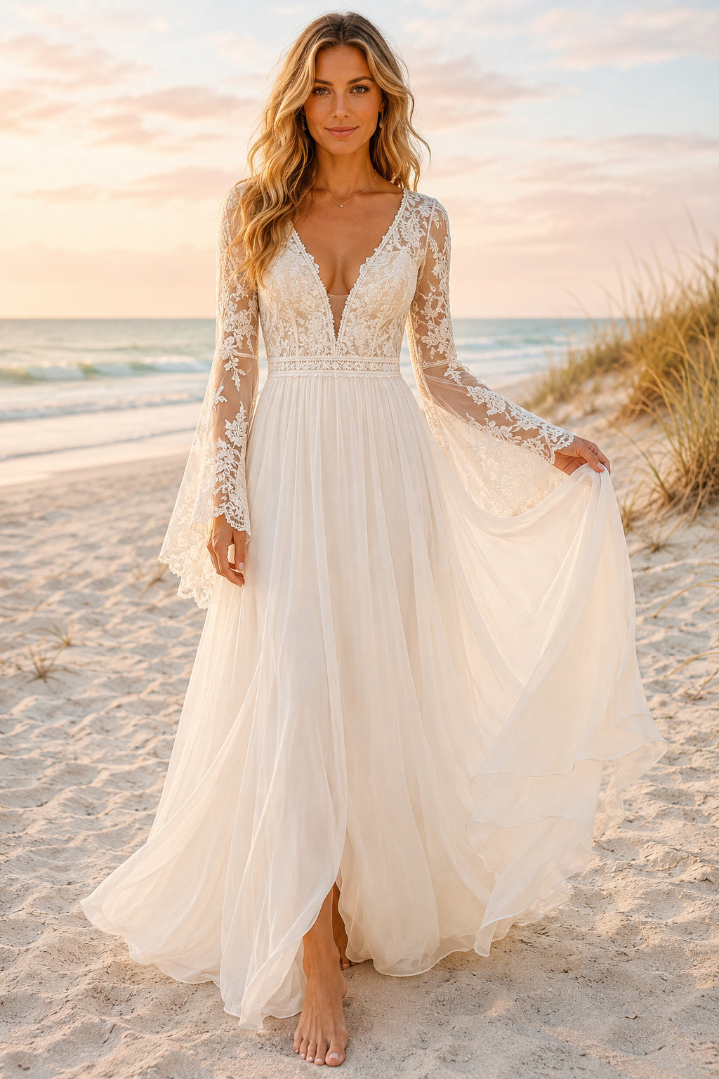 Ivory Long Sleeve V-Neck Lace Bodice Tulle A-Line Wedding Dress for Bridal Ceremony and Reception front view