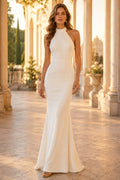 Ivory Halter Mermaid Wedding Dress with Keyhole Back and Simple Skirt front view
