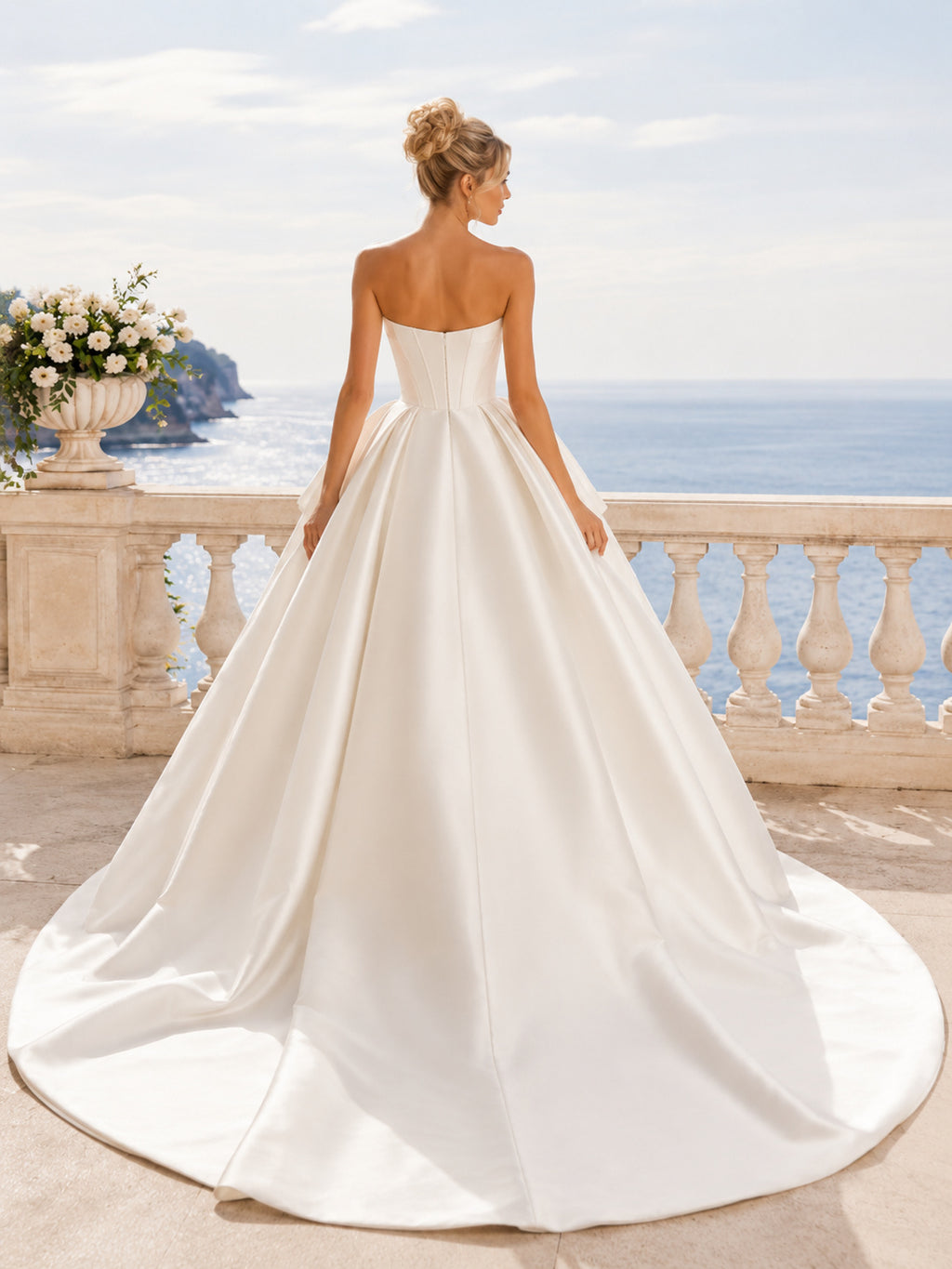 Minimalist Satin Wedding Dress Ball Gown Strapless Sweep Train Bridal Gown Style 722429 back view