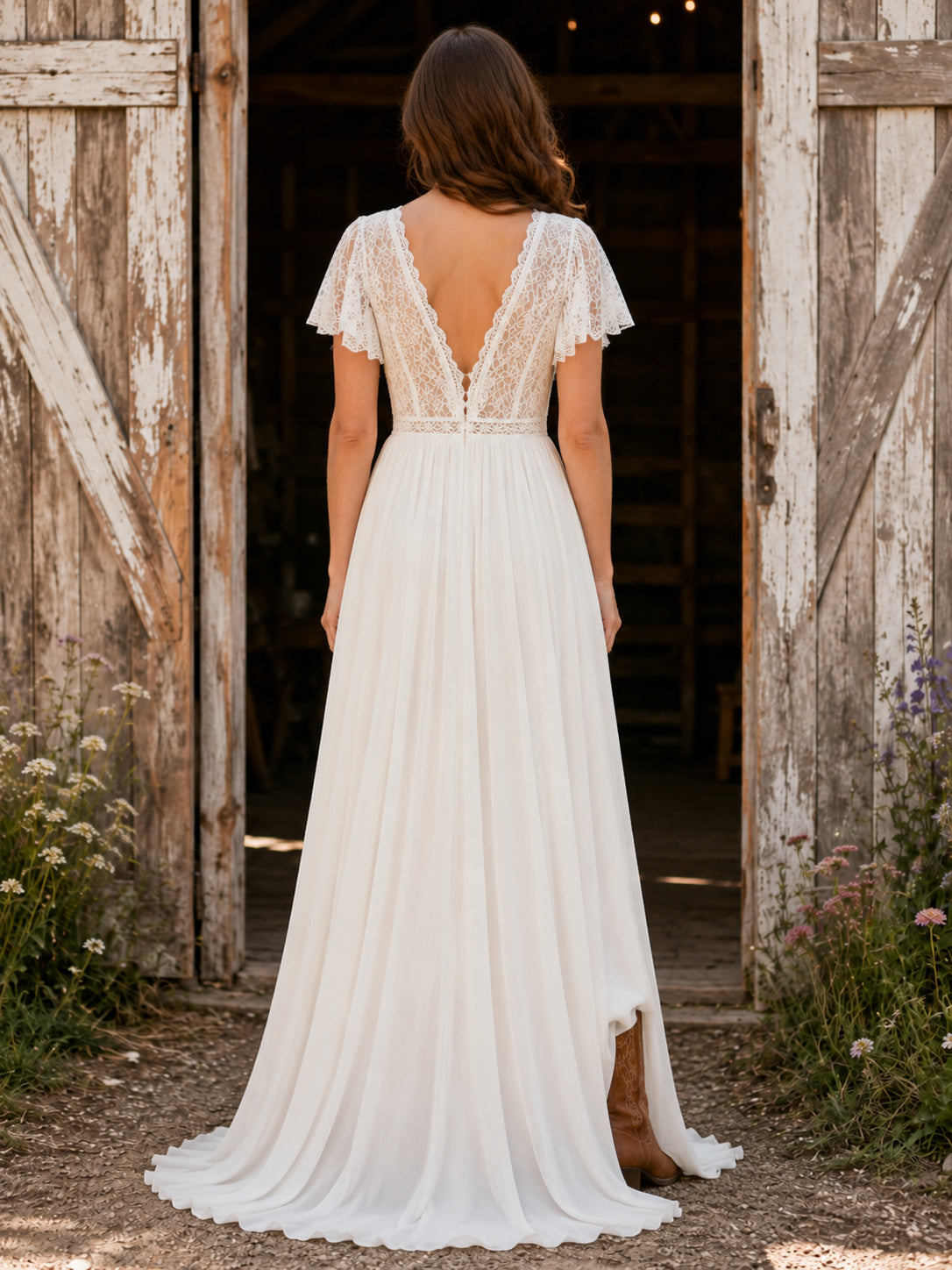 Southern Country Boho Simple Romantic A-Line Chiffon Wedding Dress with V-Neck Flutter Sleeves Short Sleeve Floor-Length Spli