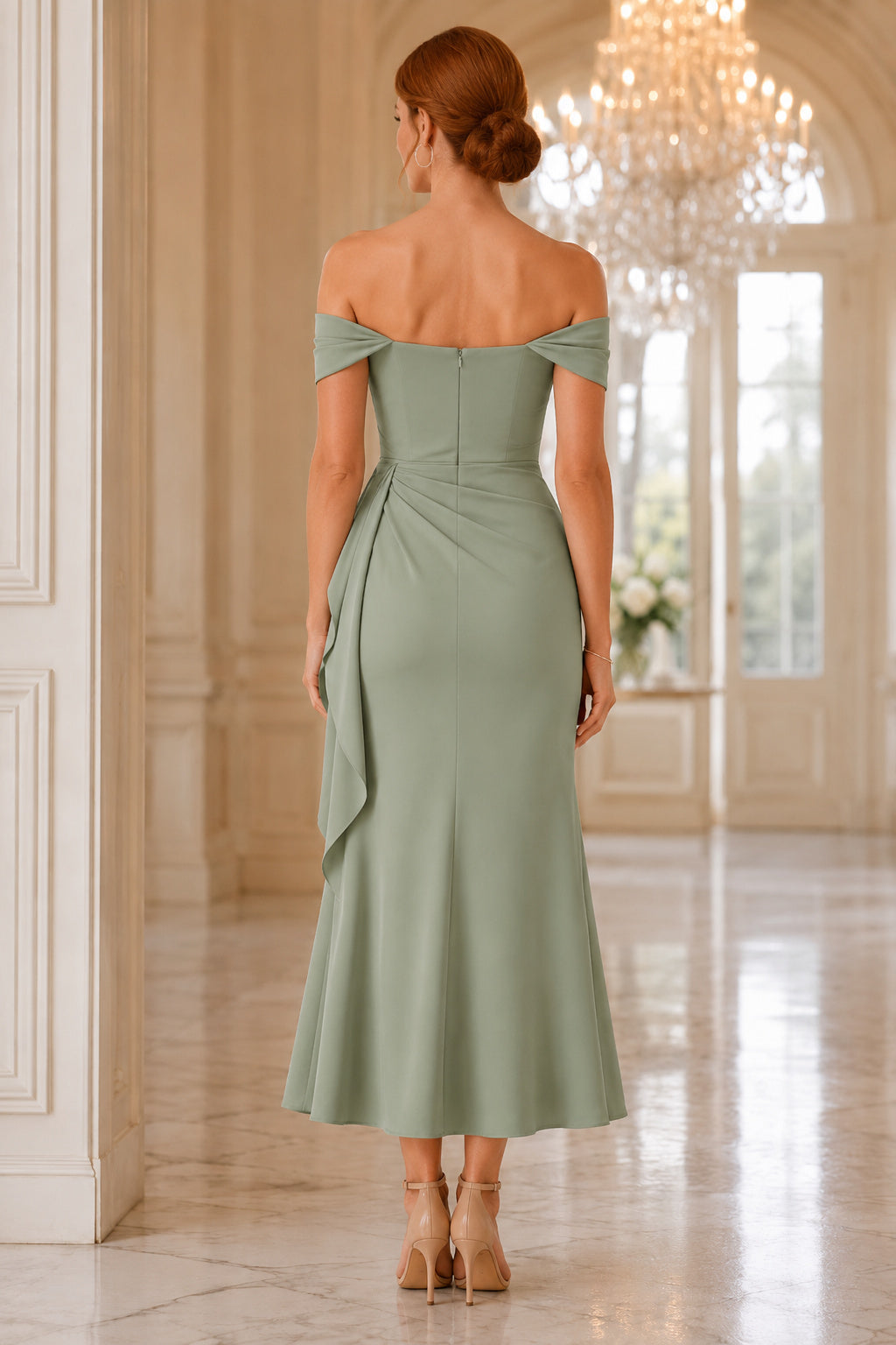 Sage Green Wedding Guest Sheath Dress Style MG_301562 back view