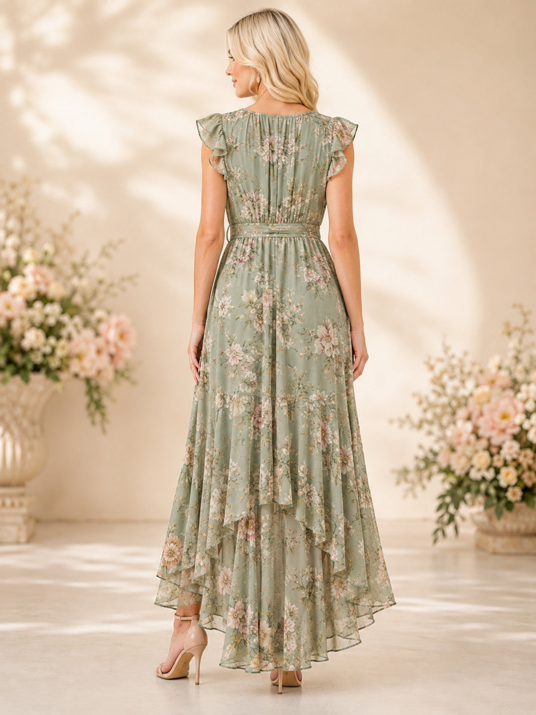 Sage Floral V-Neck High Low Garden Guest Dress back view