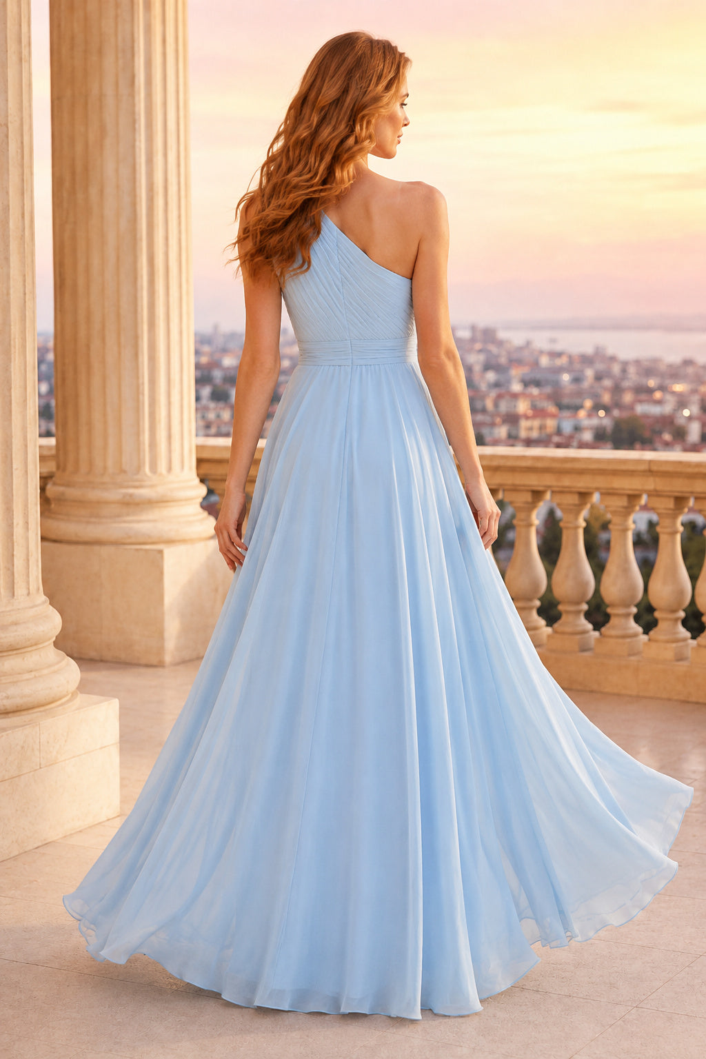 Sky Blue One-Shoulder Chiffon A-Line Bridesmaid Dress with Pleated Bodice and Flowing Skirt back view