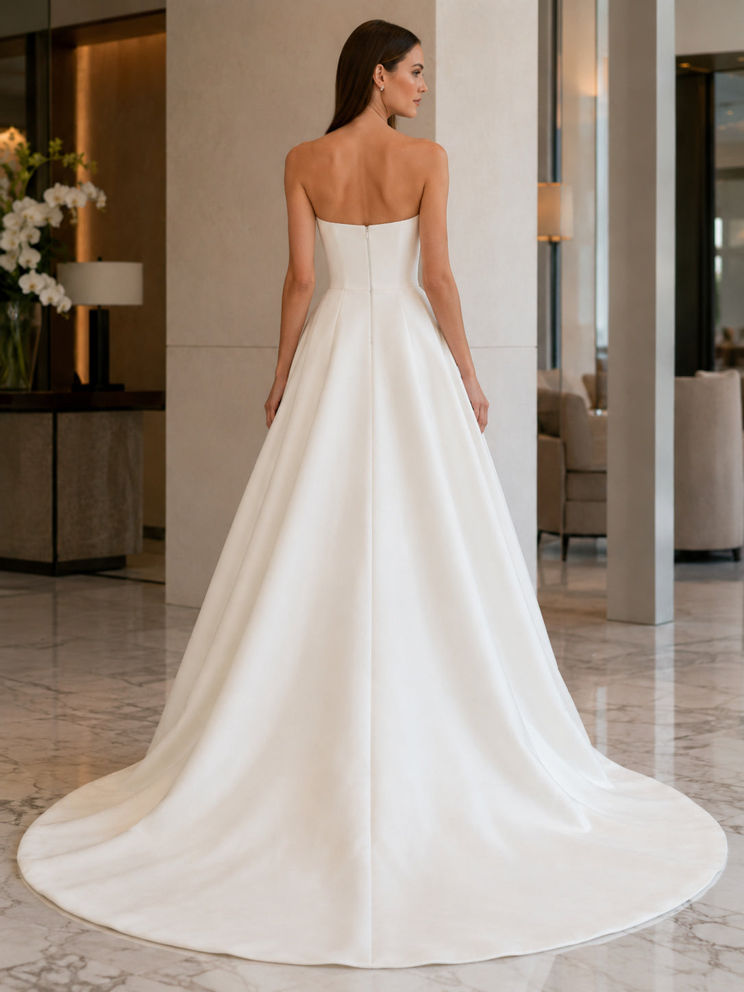 Minimalist Satin Wedding Dress Ball Gown Strapless Court Train Bridal Gown back view