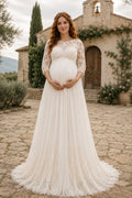 Ivory Maternity Jewel Neck Long Sleeve Lace A-Line Wedding Dress with Soft Train front view