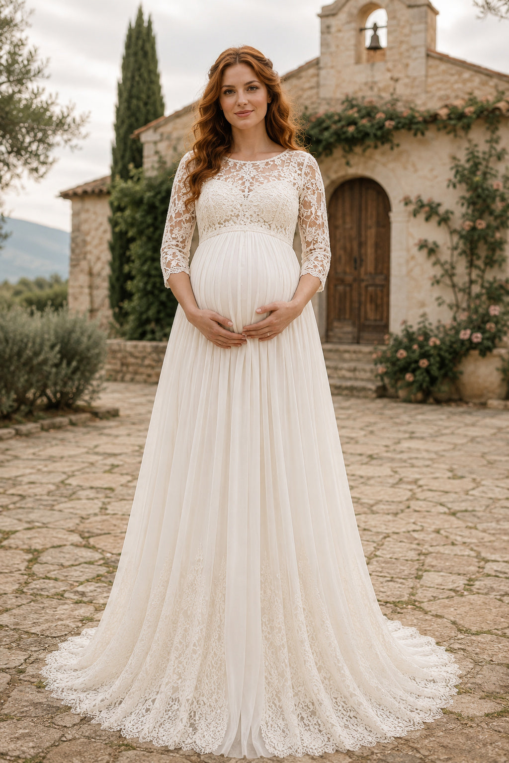 Ivory Maternity Jewel Neck Long Sleeve Lace A-Line Wedding Dress with Soft Train front view