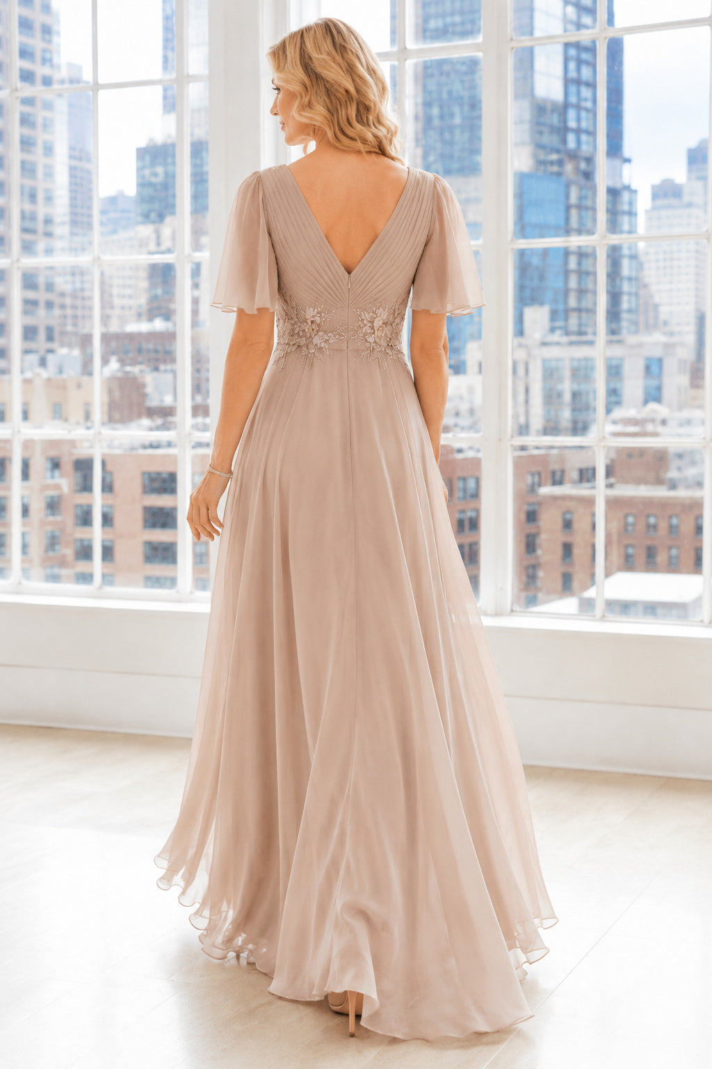 Champagne V-Neck Flutter Sleeve Chiffon A-Line Mother Dress with Beaded Waist back view